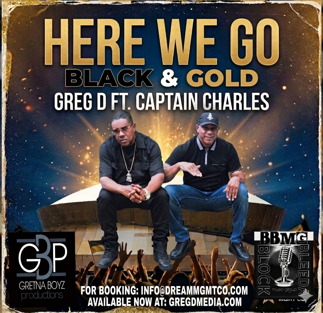 Promotional poster for a music track featuring two individuals sitting on a stage with text and logos.